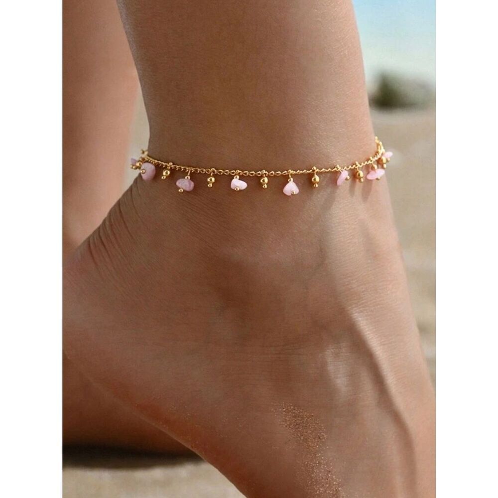 Anthropologie Gold Anklet with Pink Bead Charms R 604